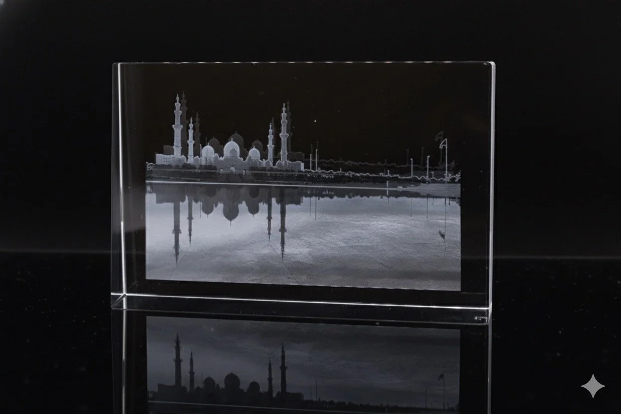Crystal Glass Desk Decor – Featuring MB Gallery’s “Sheikh Zayed Mosque Reflection” Artwork