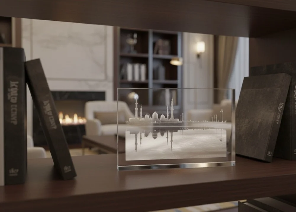 Crystal Glass Desk Decor – Featuring MB Gallery’s “Sheikh Zayed Mosque Reflection” Artwork - Image 2