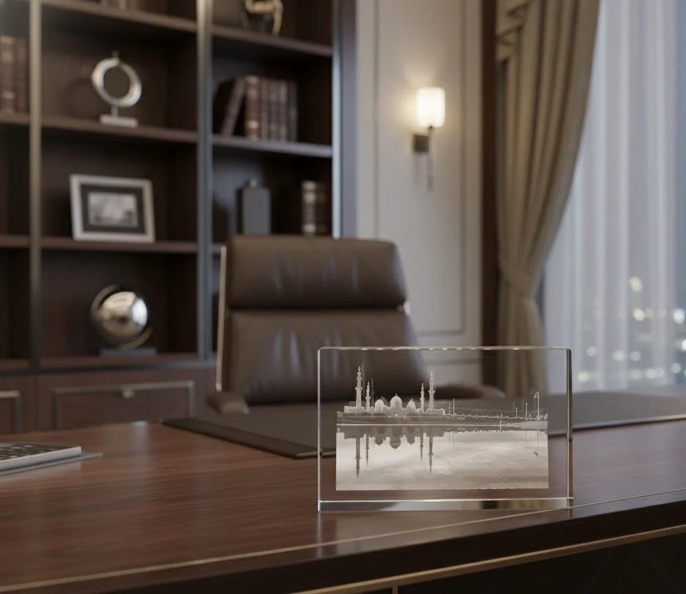 Crystal Glass Desk Decor – Featuring MB Gallery’s “Sheikh Zayed Mosque Reflection” Artwork - Image 3